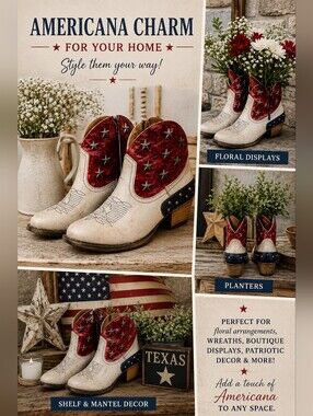 Americana Star Stud Western Leather Ankle Boots Cream Red Blue Sz 7